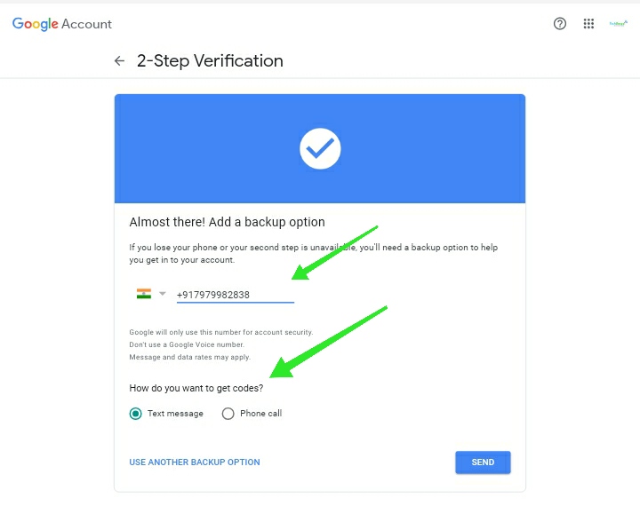 Add mobile no to 2 step verification
